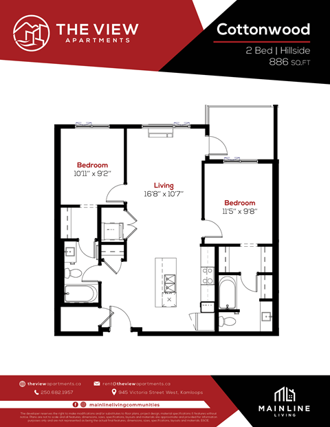 Floor plan for 2 beds, 2 baths, 886 sqft
